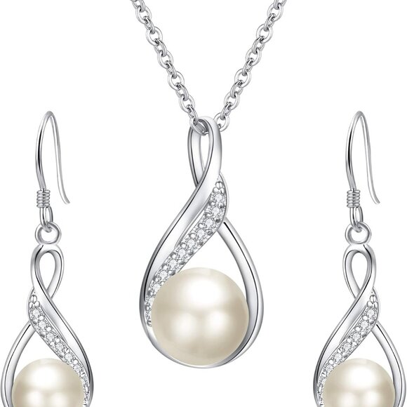 Sterling Silver Pearl Jewelry Set Necklace Earrings Bridal Gift - Picture 1 of 8